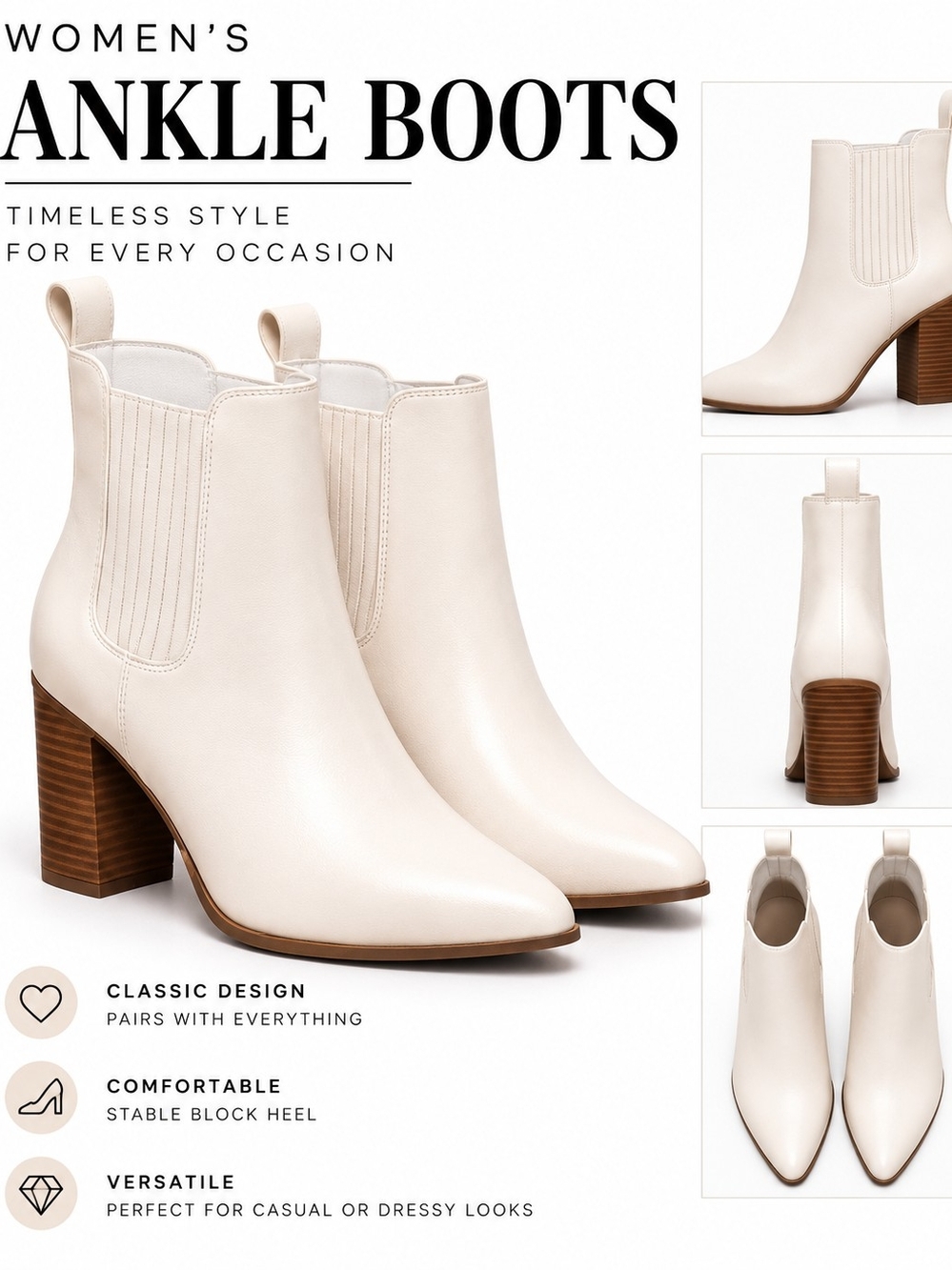 Women's Cream Ankle Boots - Classic Block Heel